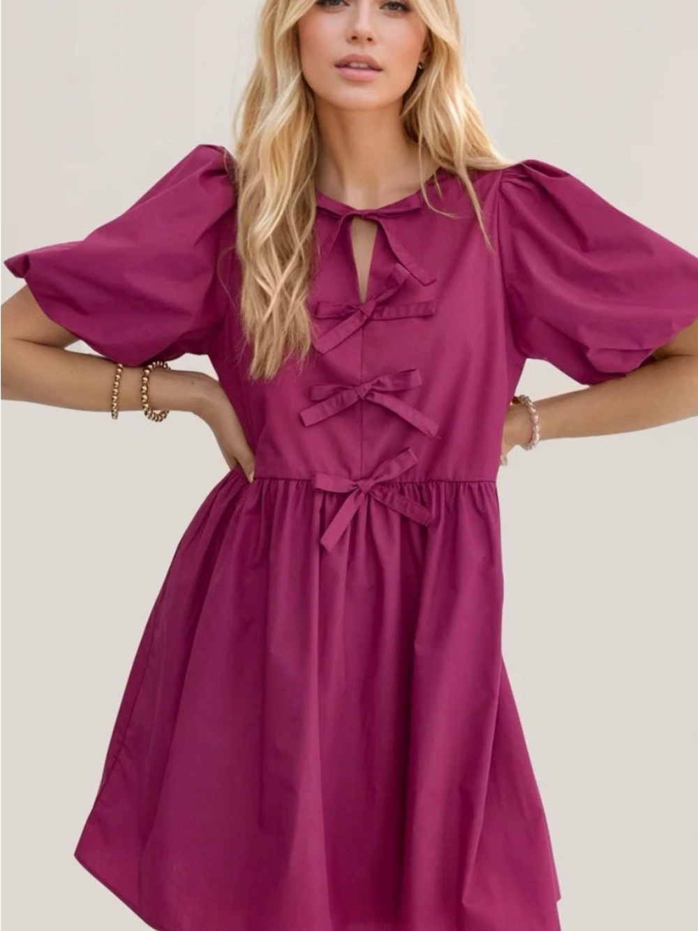 entro Puff Sleeve Tie-Front Tunic Dress in Magenta